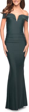 La Femme Ruched Off the Shoulder Gown with V Neckline
