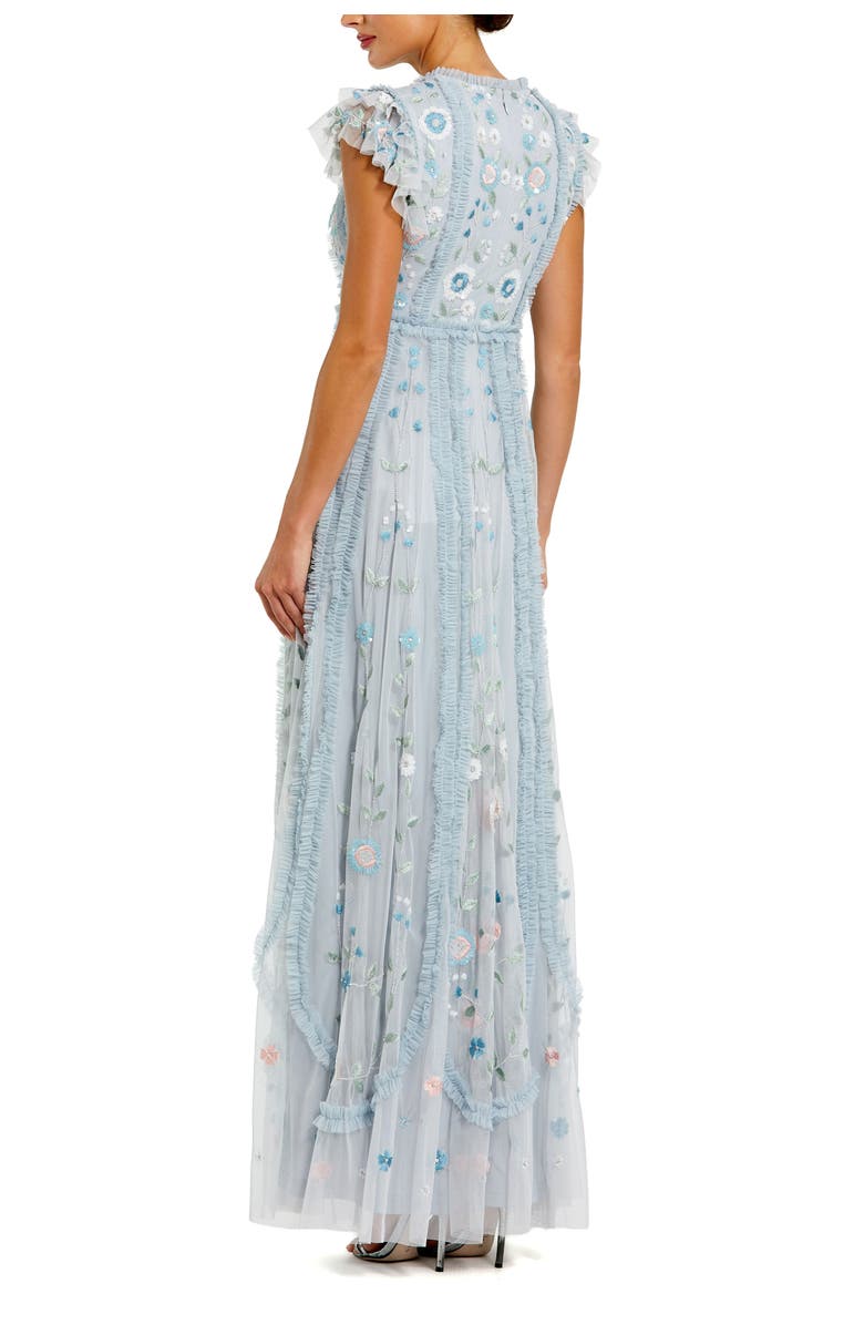 Mac Duggal Floral Embroidered Flutter Sleeve Maxi Gown, Alternate, color, Powder Blue