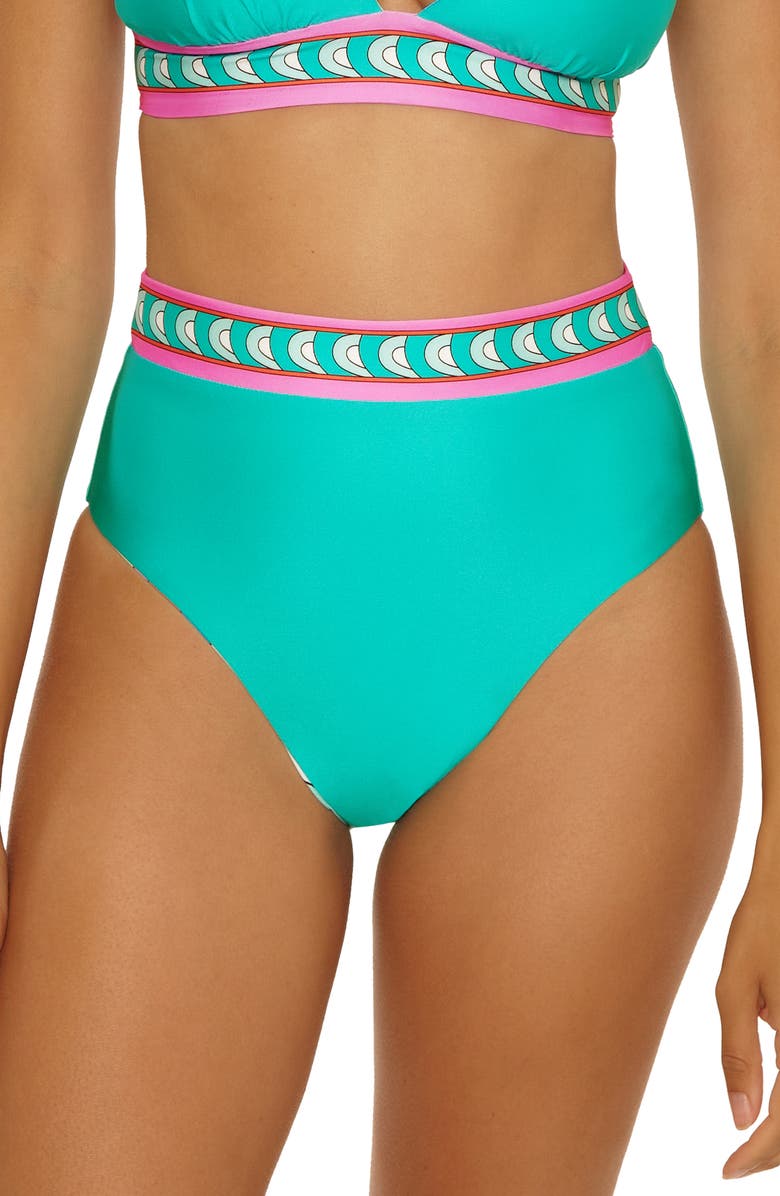 Trina Turk Apollo Reversible High Waist Bikini Bottoms, Alternate, color, Aqua Multi