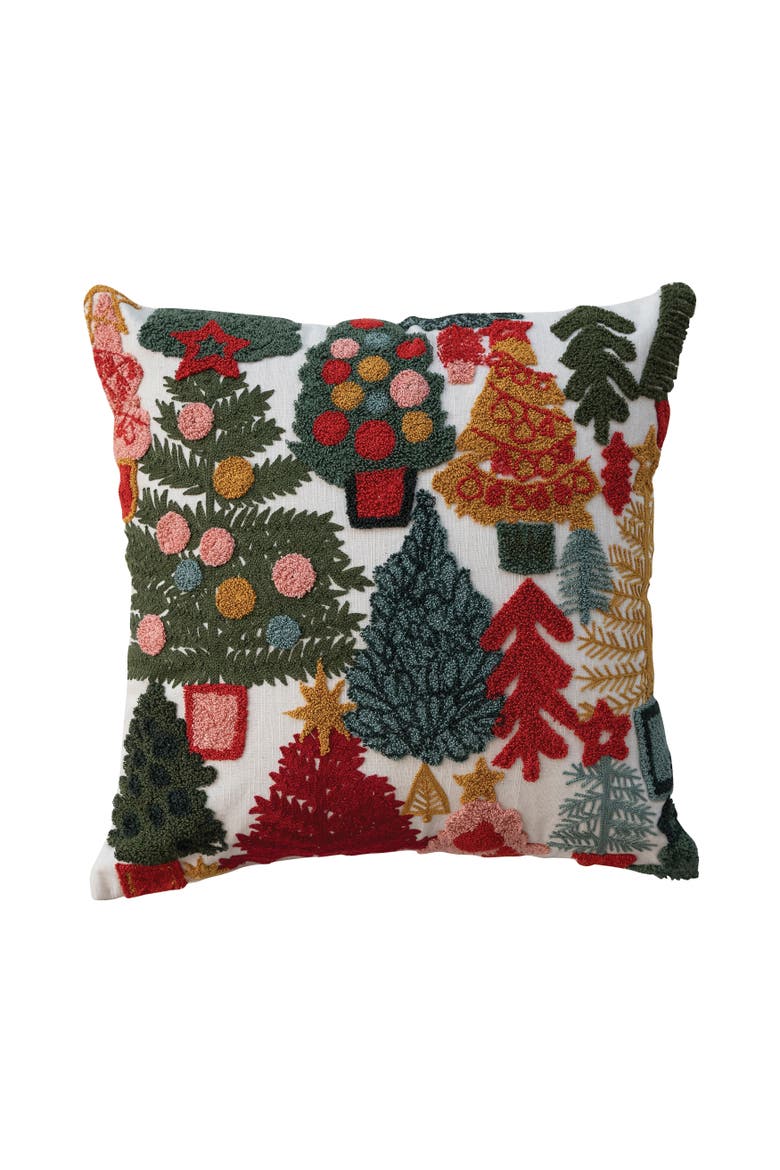 Embroidered Cotton Slub Pillow with Whimsical Christmas Trees, Main, color, Multicolor