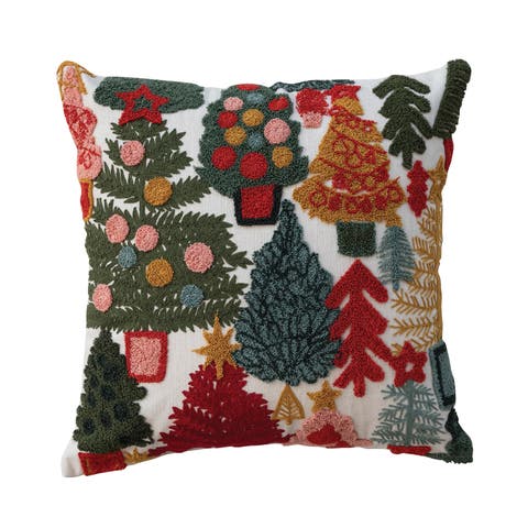 Embroidered Cotton Slub Pillow with Whimsical Christmas Trees