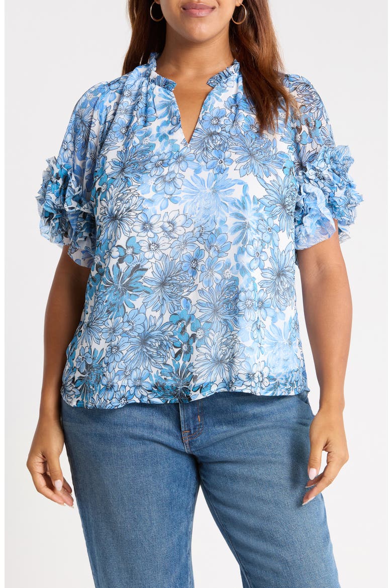 Tierra Endry Ruffle Floral Top, Main, color, BLUES