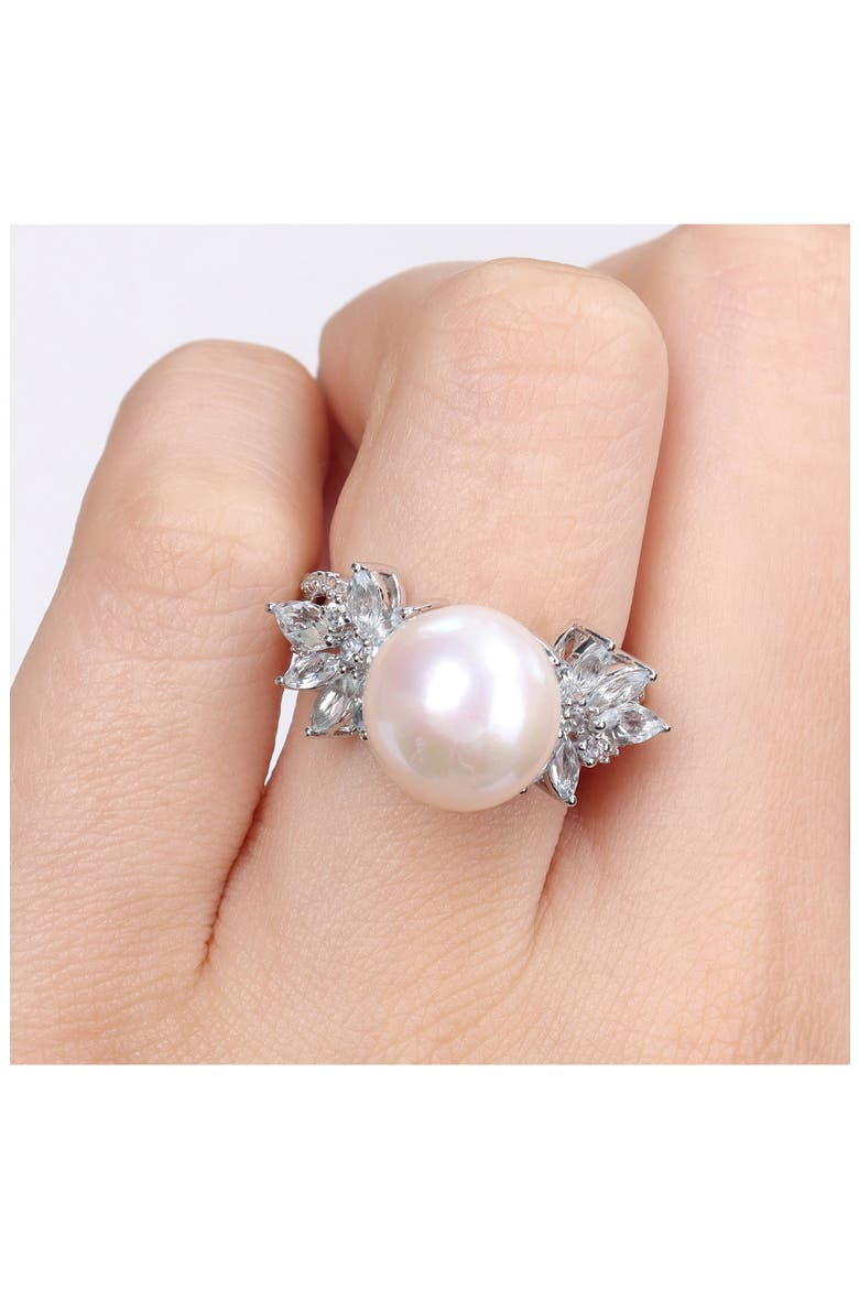 Sterling Silver 11-12mm Freshwater Pearl & Marquise Diamond Ring, Alternate, color, WHITE