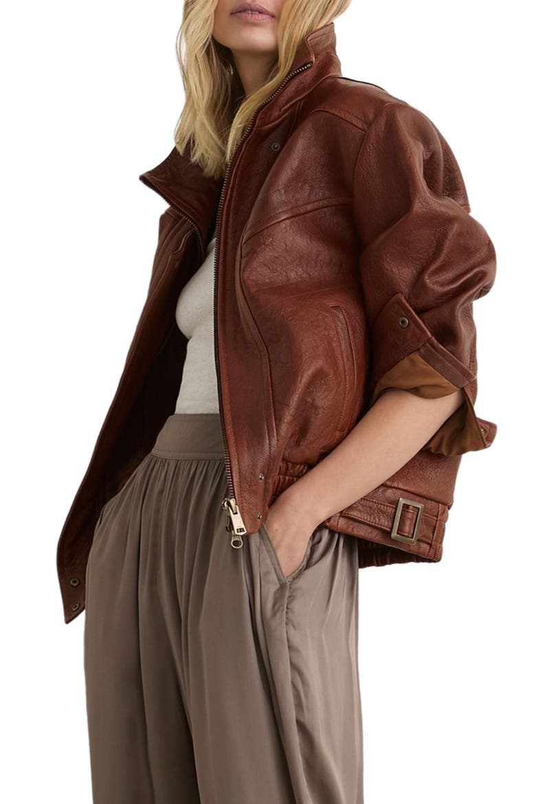 Petra Textured Leather Oversized Jacket, Main, color, CHESTNUT BROWN