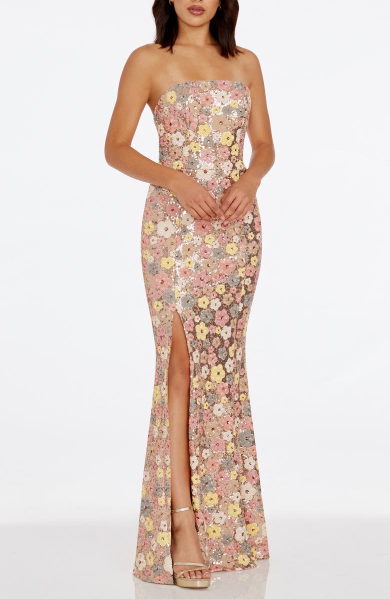 Dress the Population Janelle Floral Sequin Gown, Main, color, Rose Gold Multi