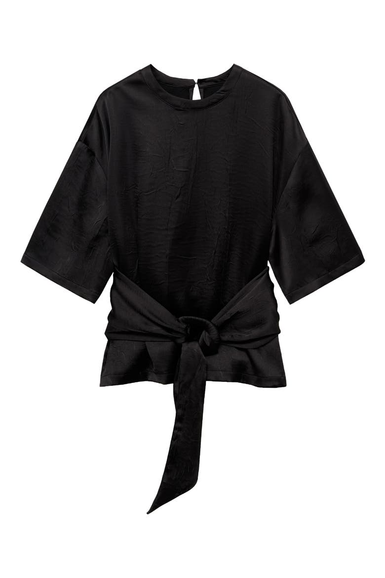 Belted Satin Shirt, Alternate, color, BLACK