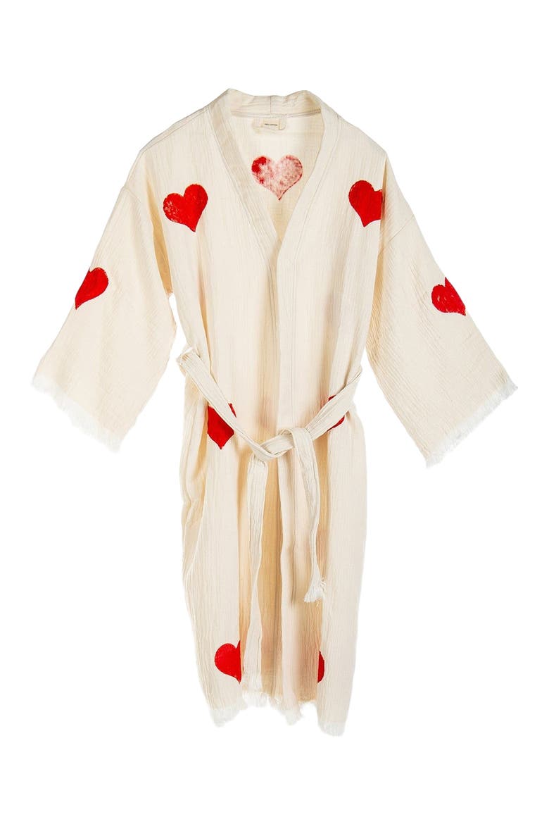 Linda - Red Hearts Handmade Cotton Robe Cover-Up, Main, color, Off-White