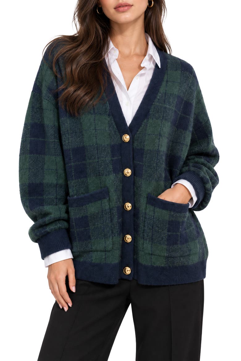 Checkmate Plaid Oversized Cardigan, Main, color, GREEN/ CHECKMATE PLAID