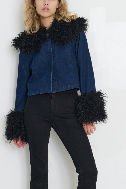 Tt Studios Kimmy Denim Faux Fur Jacket In Blue