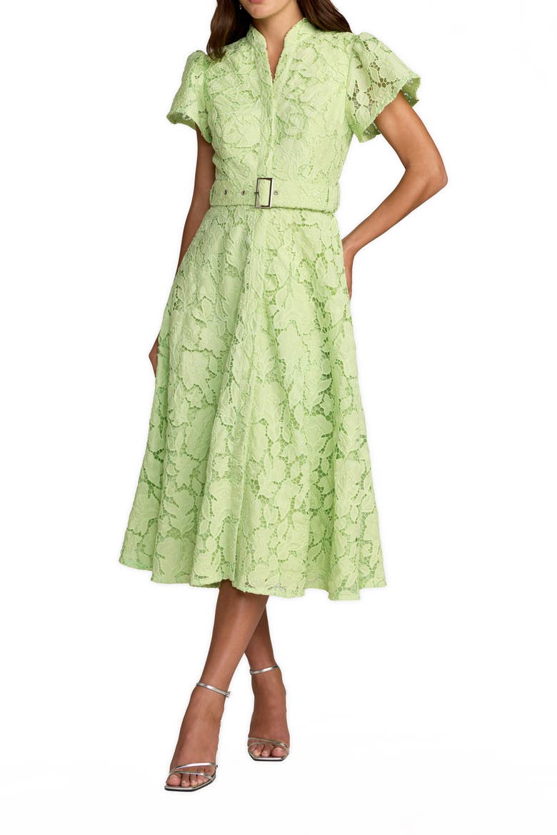 High Neck Lace Puff Sleeve Belted Midi Dress, Main, color, Sage