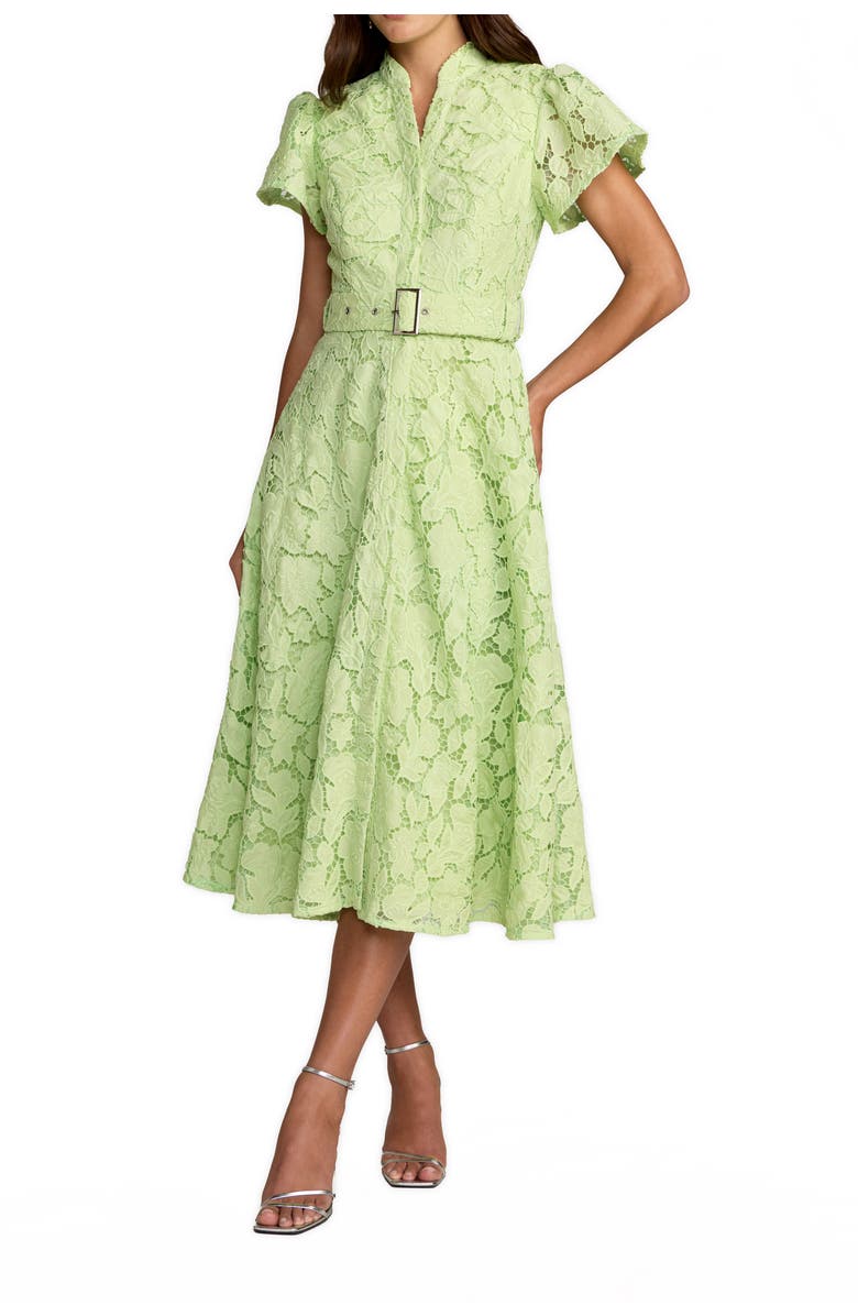 Mac Duggal High Neck Lace Puff Sleeve Belted Midi Dress, Main, color, Sage