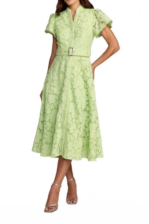 High Neck Lace Puff Sleeve Belted Midi Dress