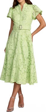 Mac Duggal High Neck Lace Puff Sleeve Belted Midi Dress