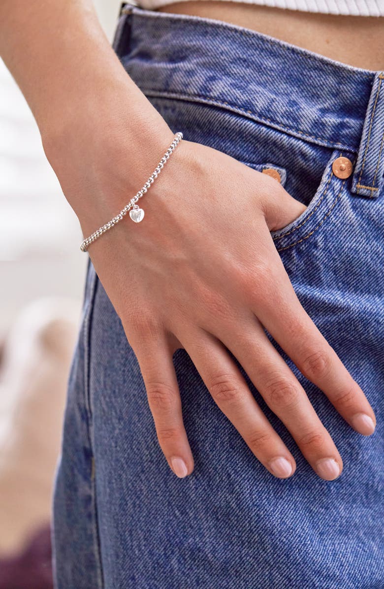 Estella Bartlett Puffed Heart Sienna Beaded Stretch Bracelet, Alternate, color, Silver