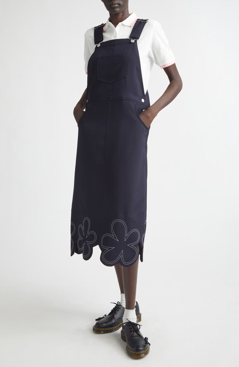 Comme des Garçons Girl Embroidered Daisy Hem Overalls Dress, Alternate, color, Navy