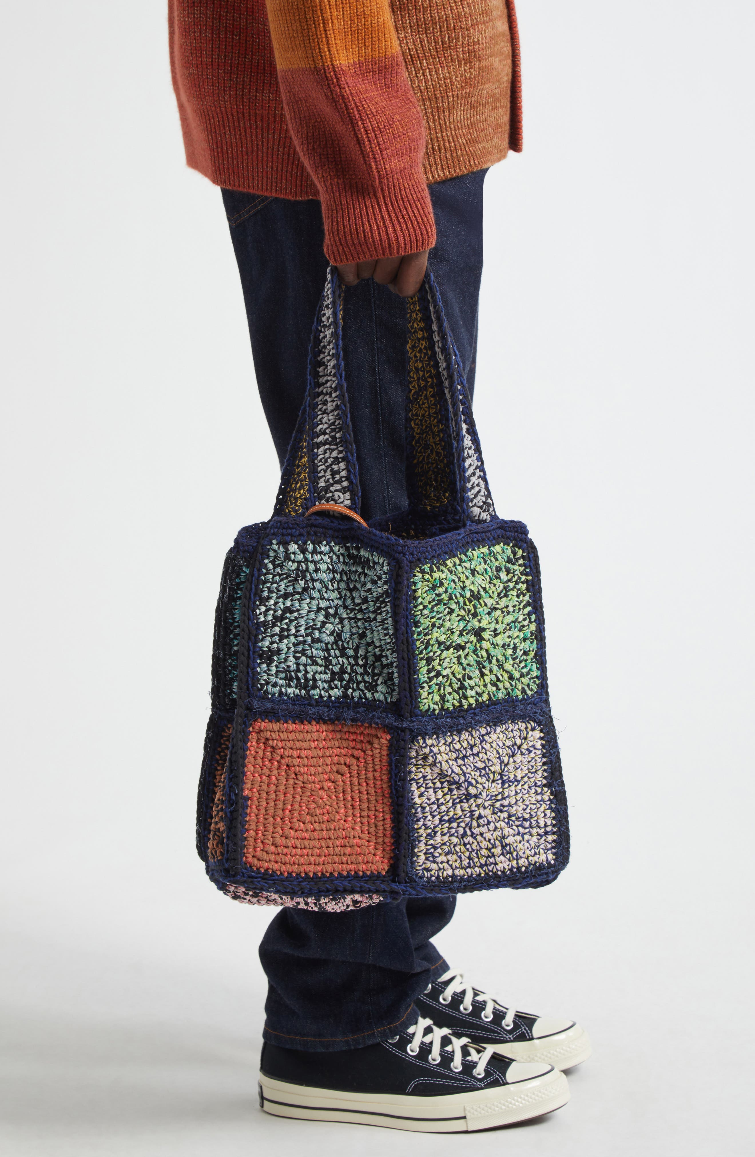 Waste Yarn Project Marie Square One of a Kind Crochet Tote, Alternate, color, Multi Blue Color Patch