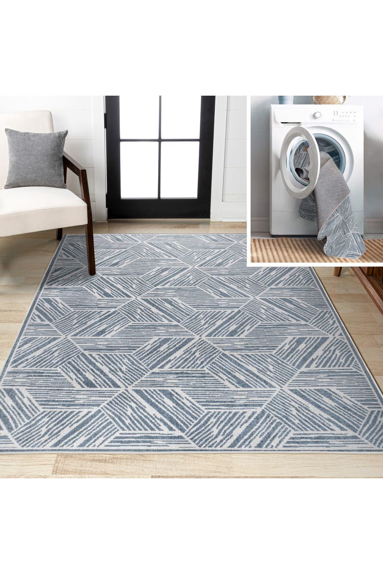 Vector Modern Coastal Geometric Machine-Washable Area Rug, Main, color, Blue/Cream