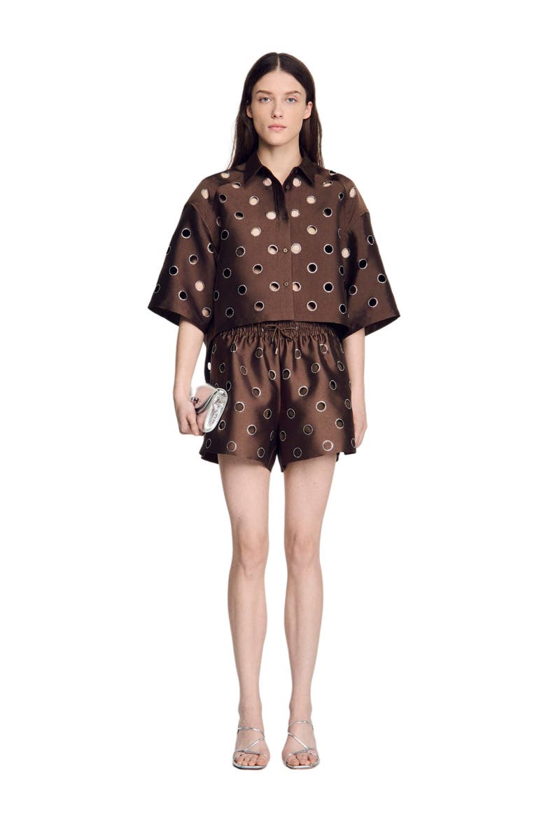 Oversized shirt with rhinestones holes, Alternate, color, Brown