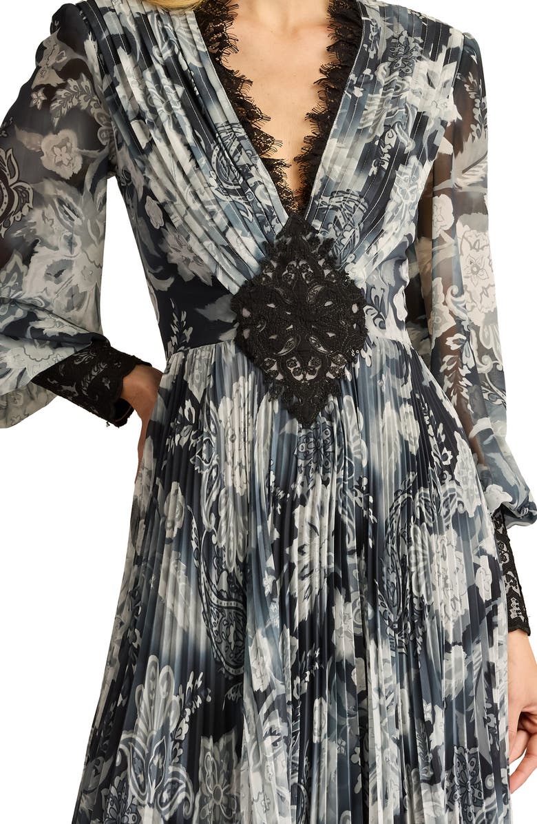 Tadashi Shoji Paisley Floral Lace Detail Long Sleeve Pleated Georgette Gown, Alternate, color,