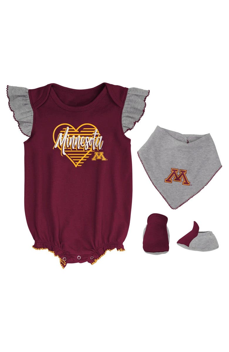 Outerstuff Girls Newborn & Infant Maroon/Heather Gray Minnesota Golden Gophers All The Love Bodysuit Bib & Booties Set, Main, color, Maroon
