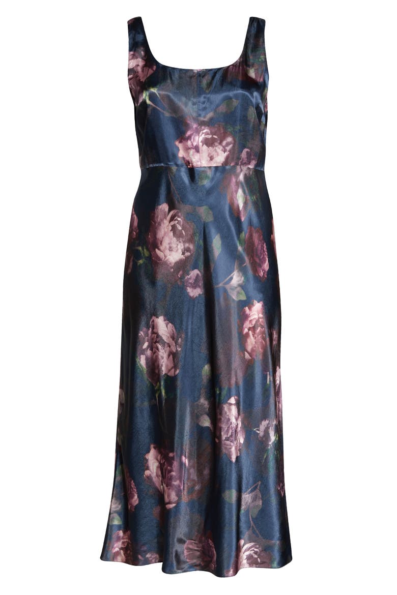 Night Garden Floral Square Neck Satin Dress, Alternate, color, BLACK