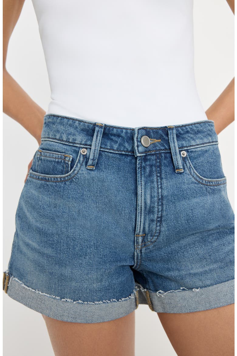 Good Girlfriend Raw Hem Denim Shorts, Alternate, color, INDIGO