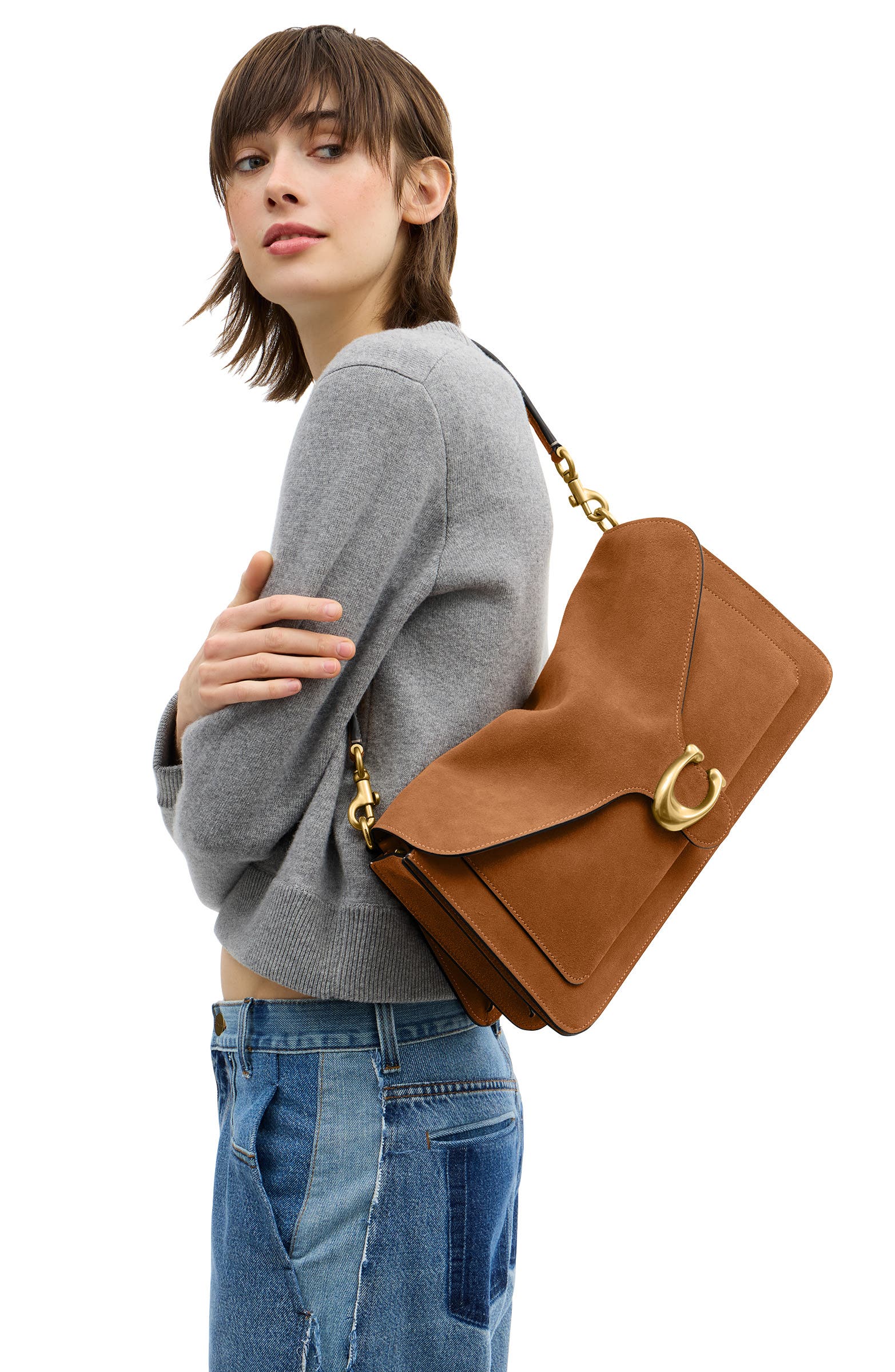 COACH Tabby 36 Suede Shoulder Bag, Alternate, color, B4/ Caramel