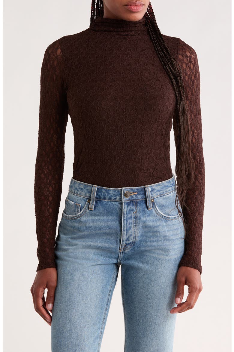 Lace Long Sleeved Mock Neck Top, Main, color, BROWN COFFEE