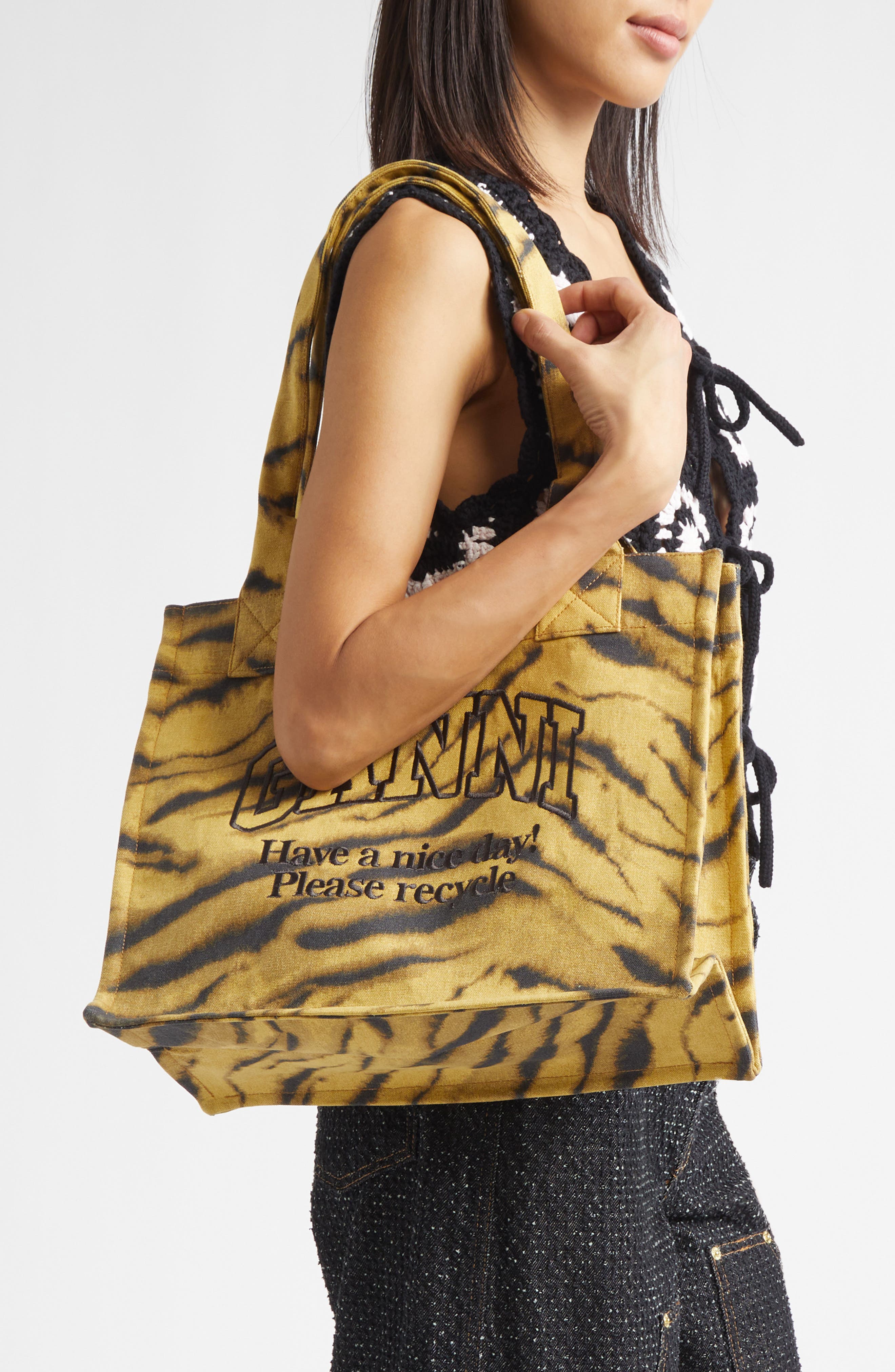 Ganni Large Zebra Print Shopper, Alternate, color, 