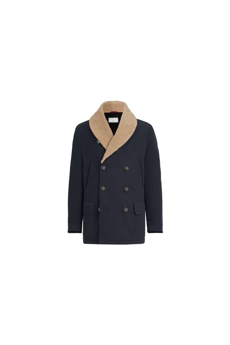 Bonded nylon double-breasted coat with shearling lining, Alternate, color, Navy Blue