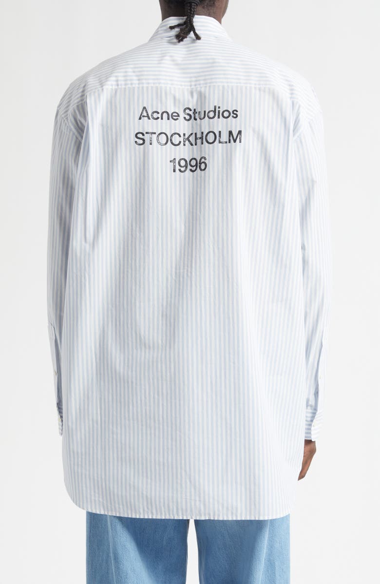 Acne Studios Stripe Logo Organic Cotton Graphic Button-Up Shirt, Alternate, color, Light Blue/ White