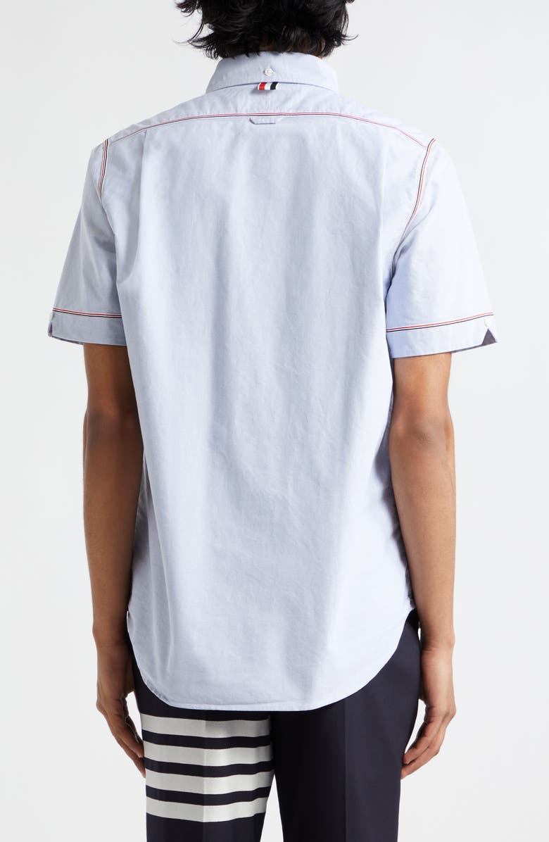 Thom Browne Tricolor Trim Short Sleeve Cotton Button-Down Shirt, Alternate, color, 