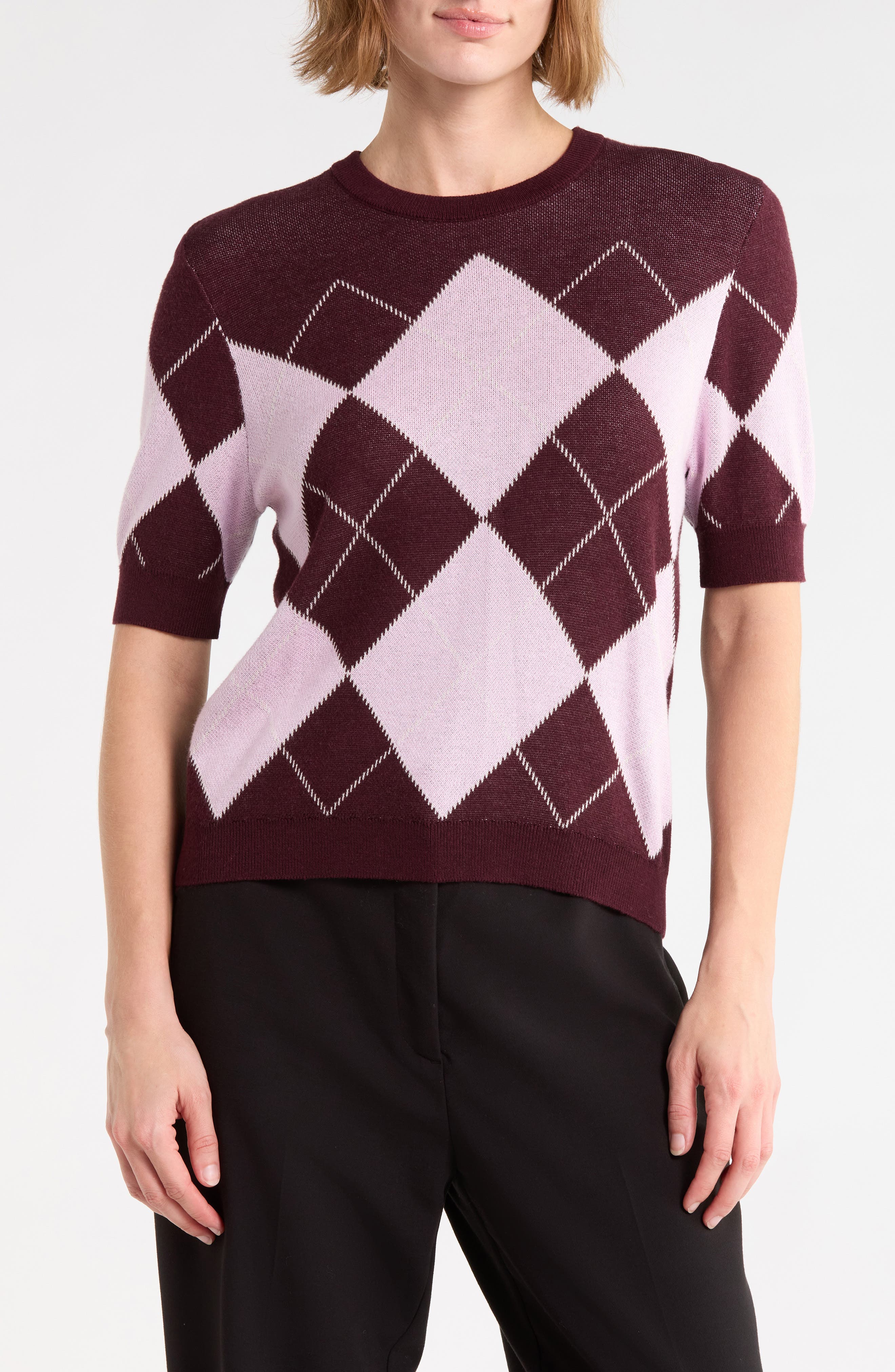 Argyle Short Sleeve Jacquard Sweater
