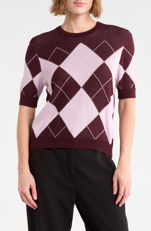 Argyle Short Sleeve Jacquard Sweater