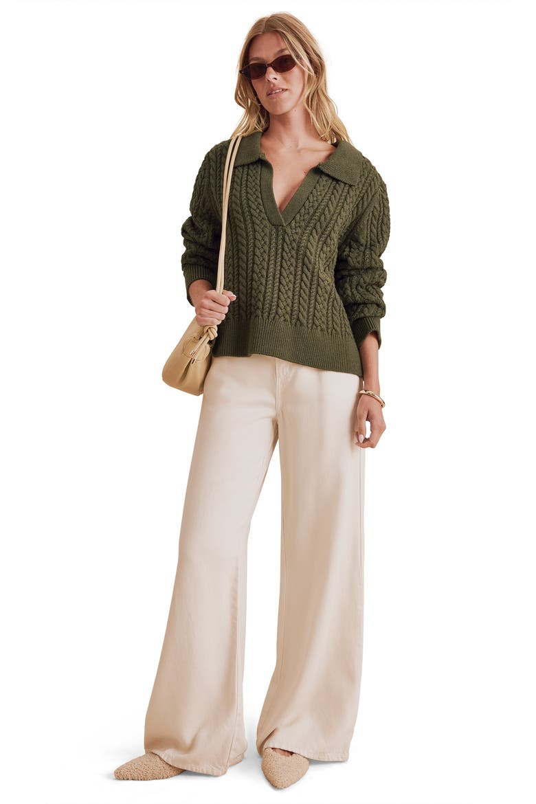 Jenson Johnny Collar Cable Knit Sweater, Alternate, color, PINE GREEN