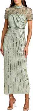 Mac Duggal Beaded Mesh Short Sleeve Mock Neck Midi Dress