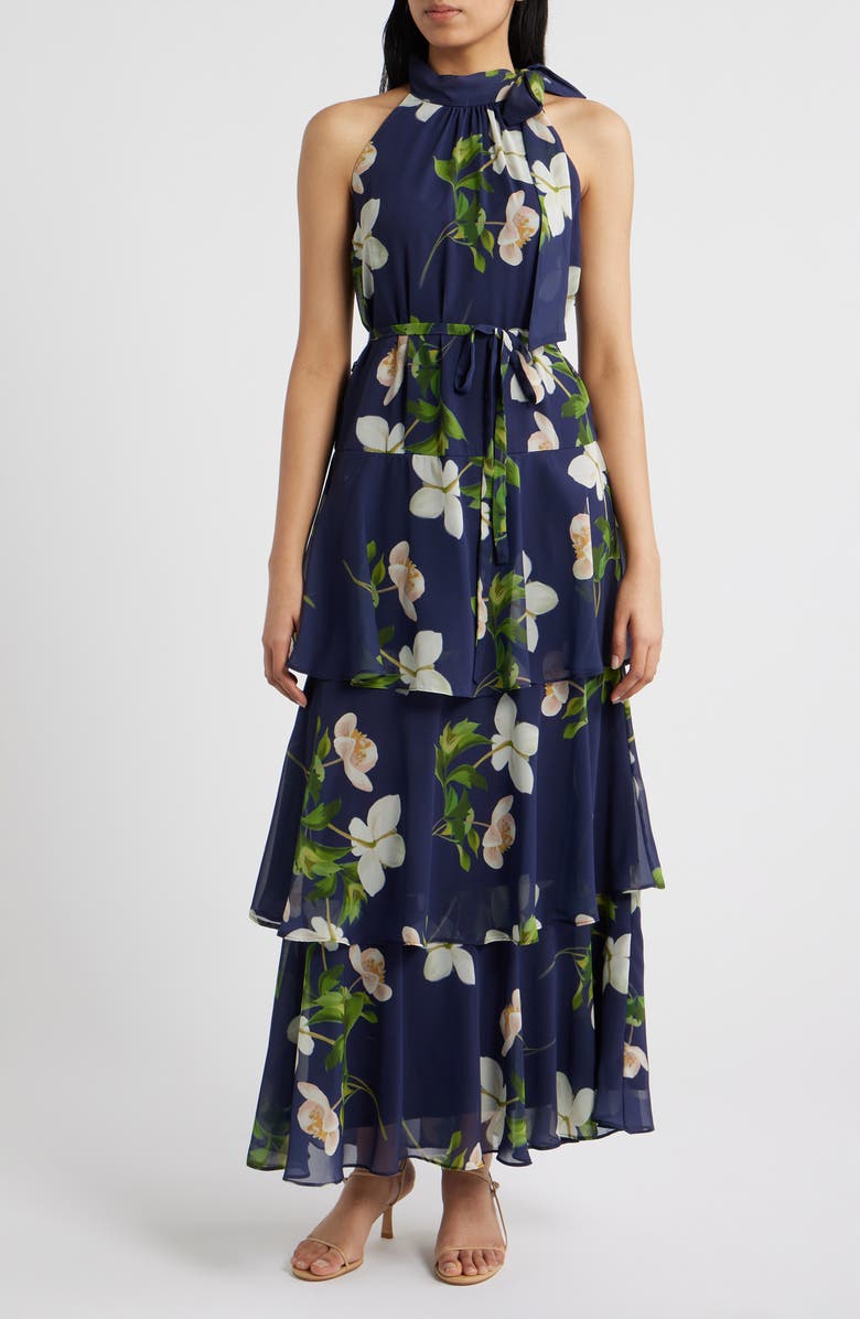 Julia Jordan Floral Tiered Gown, Main, color, Navy Multi