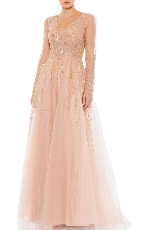 Mac Duggal Embellished V Neck Long Sleeve A Line Gown In Pink Champagne