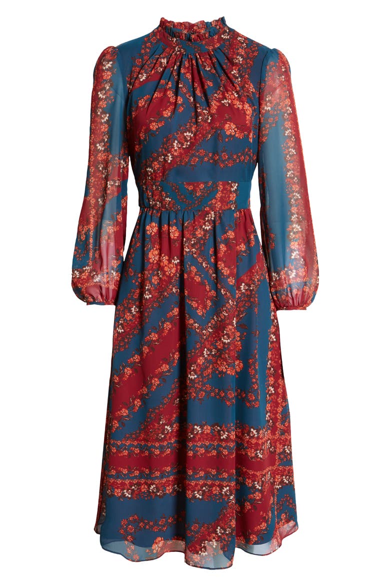 Floral Long Sleeve A-Line Midi Dress, Alternate, color, TEAL MULTI