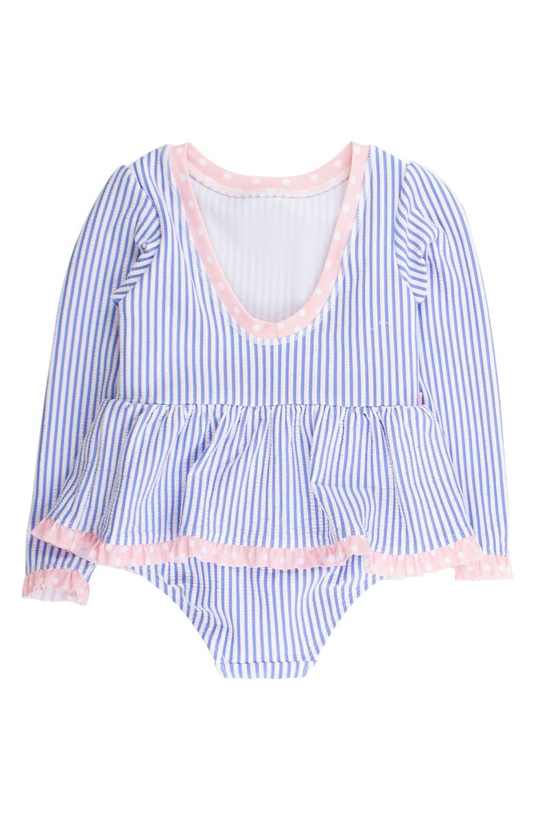 RuffleButts UPF50+ Seersucker Long Sleeve One Piece Bow Peplum Rash Guard Swimsuit, Alternate, color, Periwinkle Blue Seersucker
