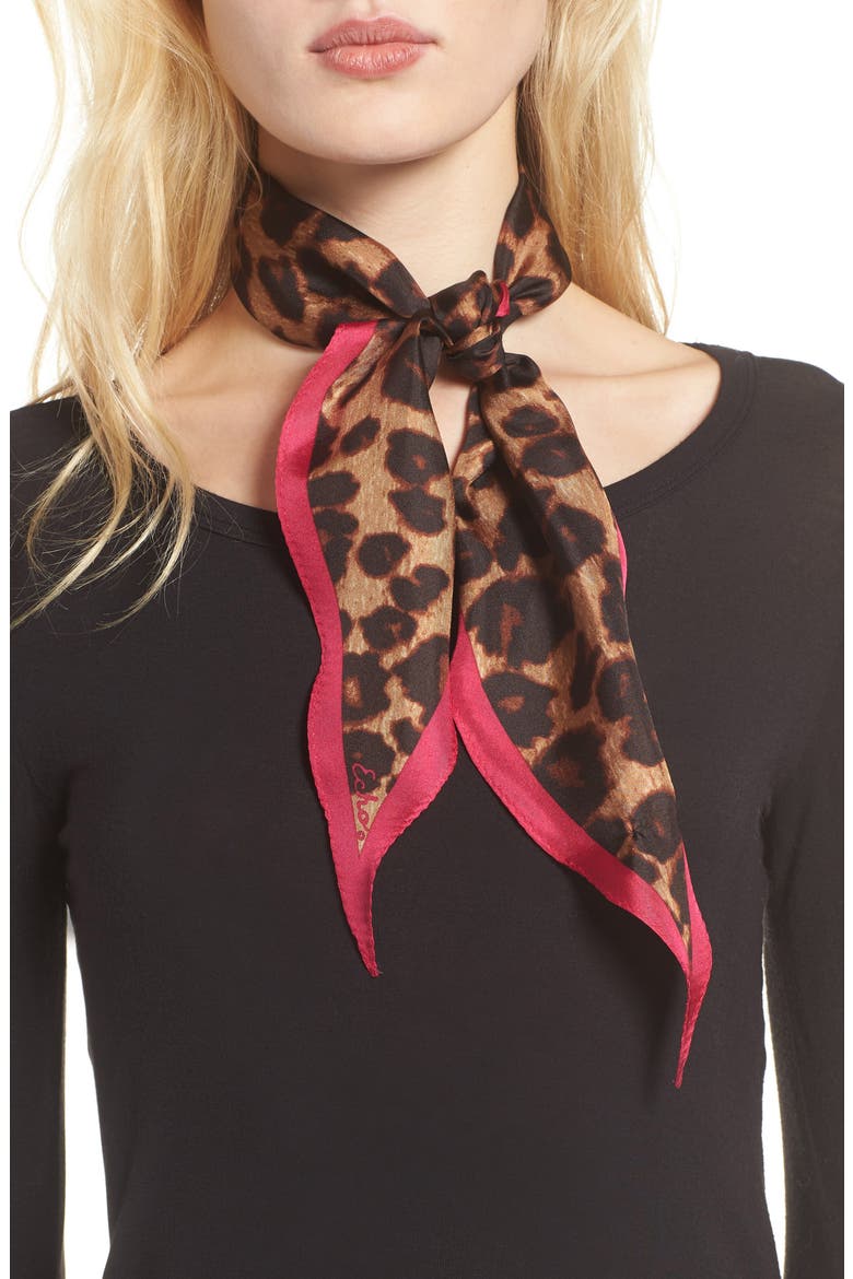 Leopard Diamond Silk Scarf, Main, color, NATURAL/ HOT PINK