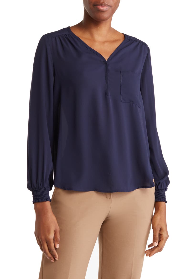 Smocked Cuff Long Sleeve Blouse, Main, color, NAVY