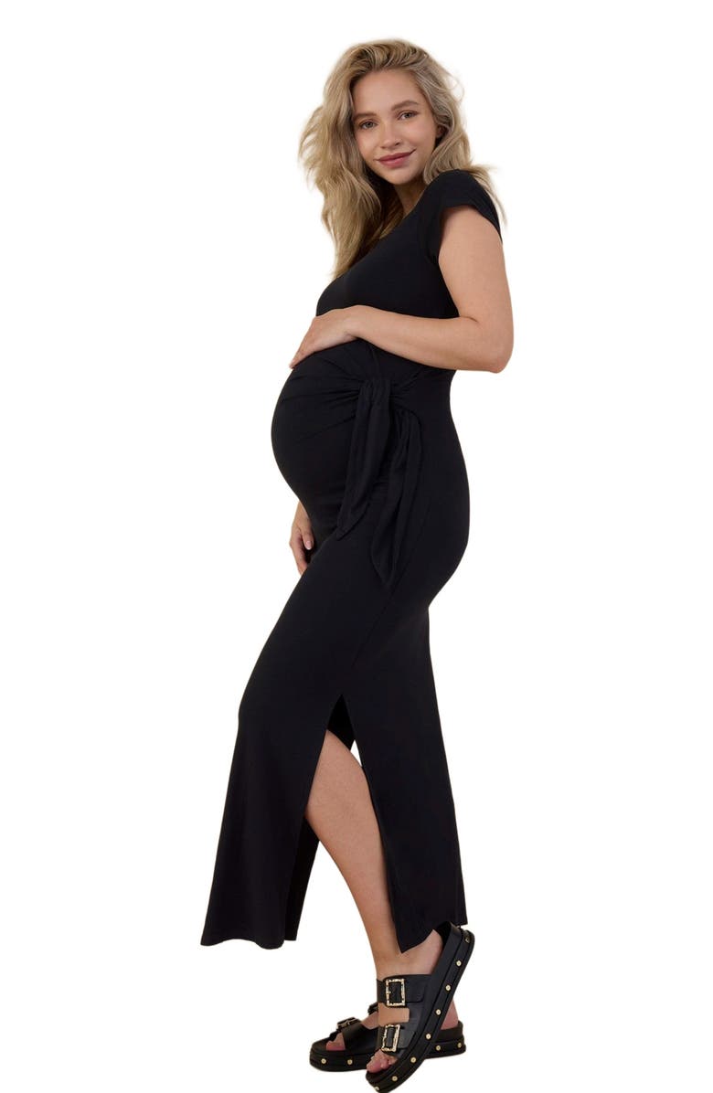 MOTHERHOOD MATERNITY Crew Neck Short Sleeve Side Tie Maternity Midi Dress, Alternate, color, Black