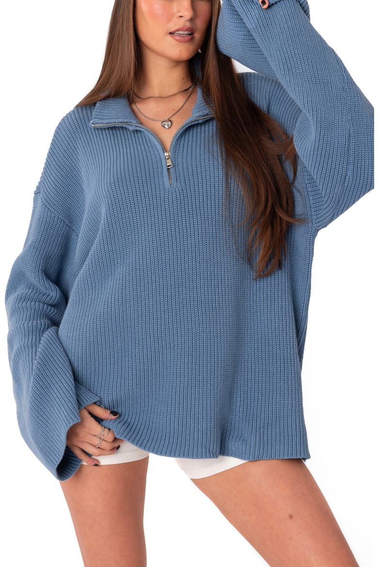 Amour Oversize Knit Quarter Zip Cotton Pullover, Main, color, BLUE