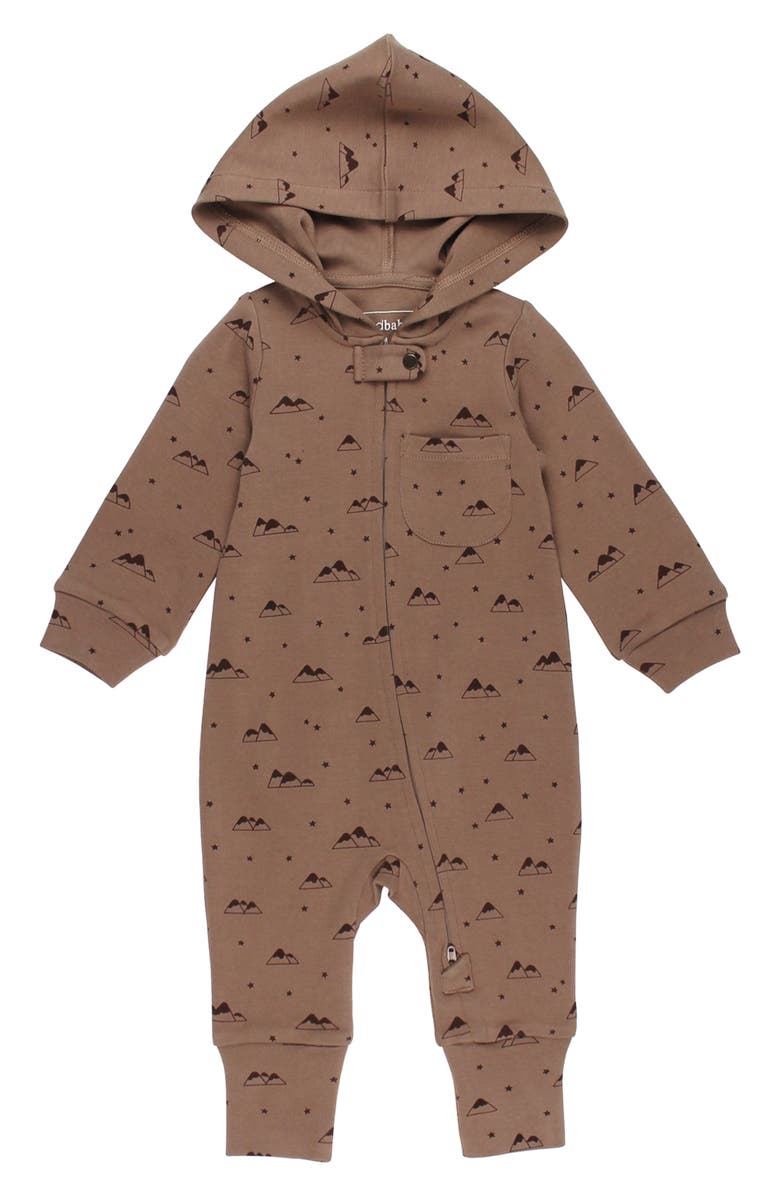 L'ovedbaby Print Organic Cotton Hooded Romper, Main, color, Latte Mountain