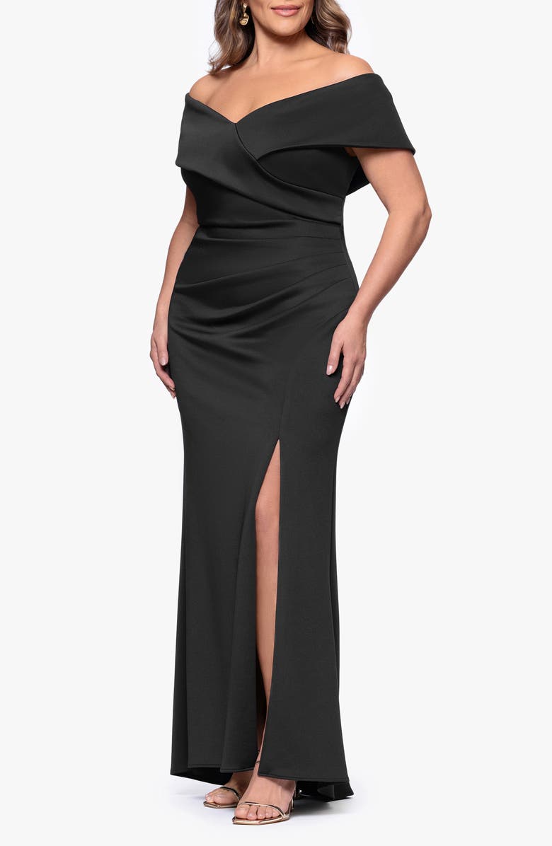 Xscape Evenings Off the Shoulder Scuba Knit Gown, Alternate, color, Black