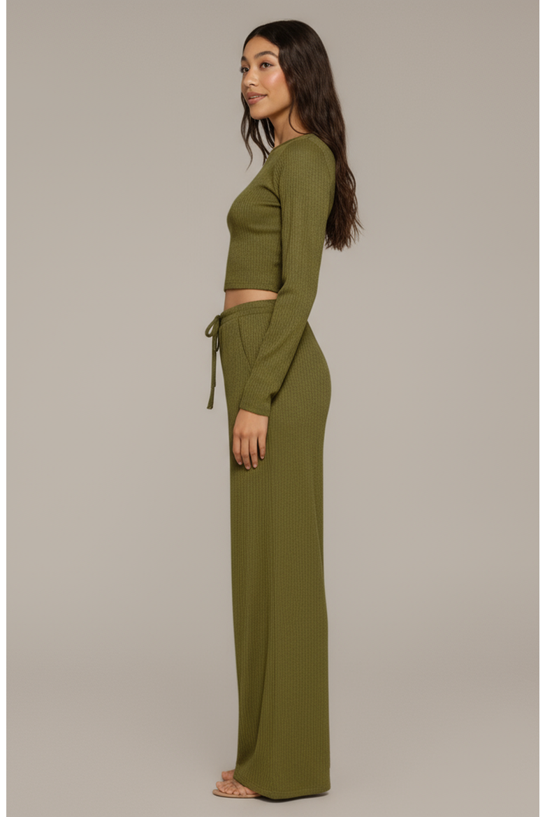Ribbed Long Sleeve Crop Top and Wide Leg Lounge Pants Set with Drawstring, Alternate, color, Olive Green
