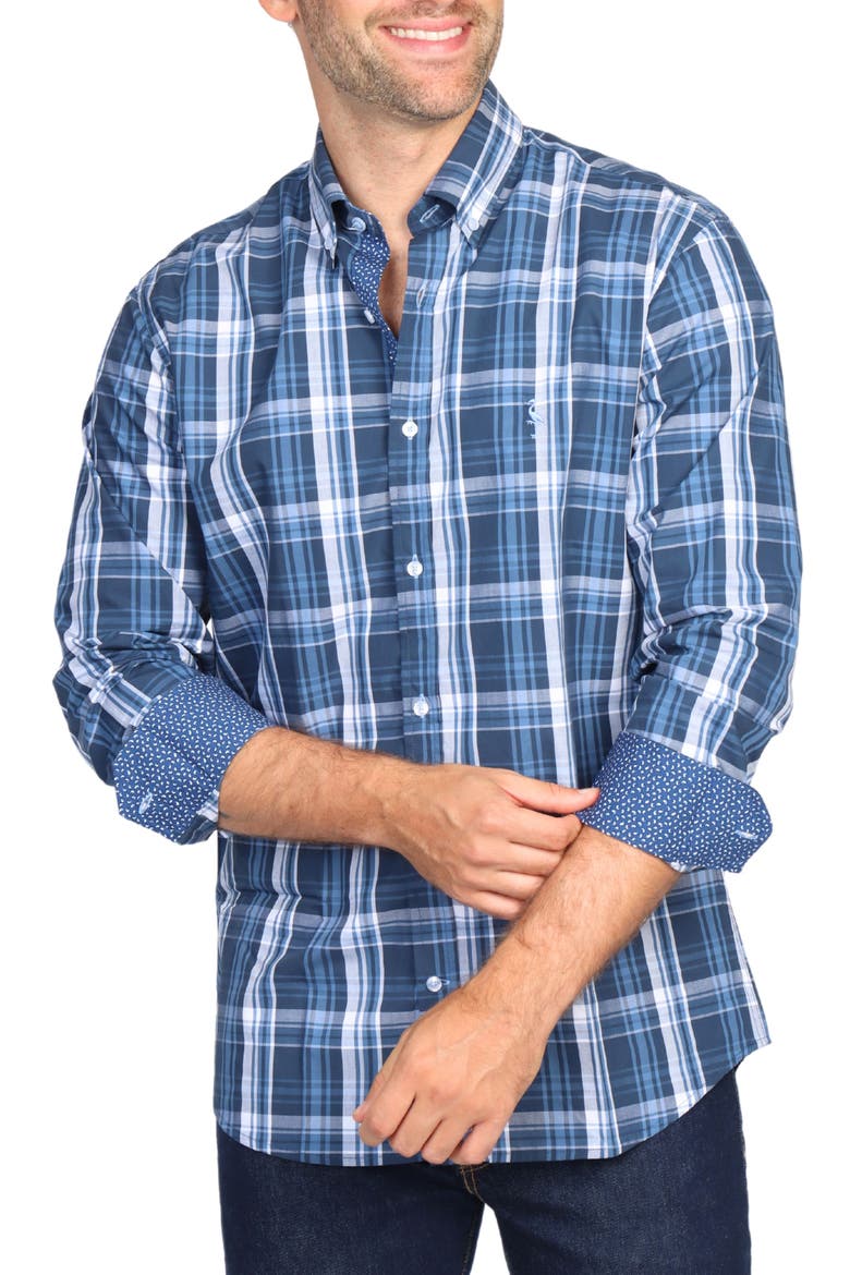 Navy Large Plaid Long Sleeve Cotton Stretch Button Down Shirt, Alternate, color, NAVY