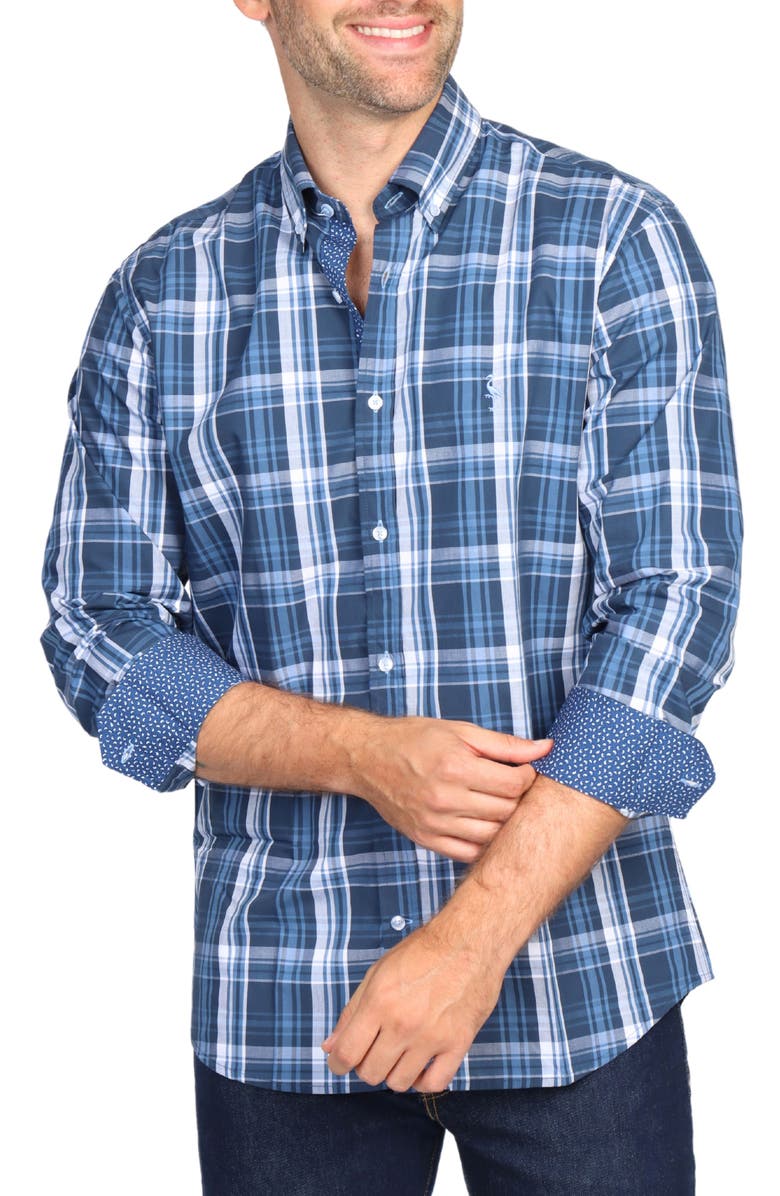 TailorByrd Navy Large Plaid Long Sleeve Cotton Stretch Button Down Shirt, Alternate, color,