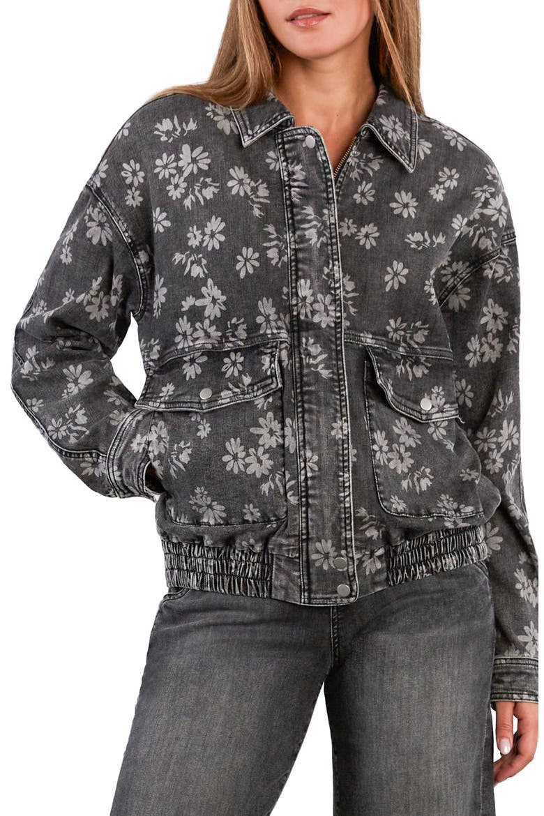 Floral Stretch Denim Jacket, Main, color, GREY FLORAL DENIM